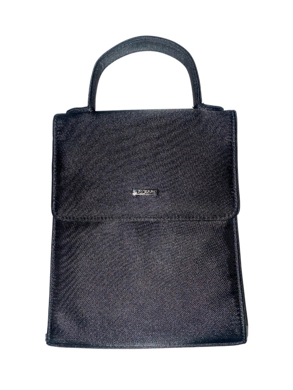 90s Guess Black Satin Structured Top-Handle Purse with Silver Hardware
